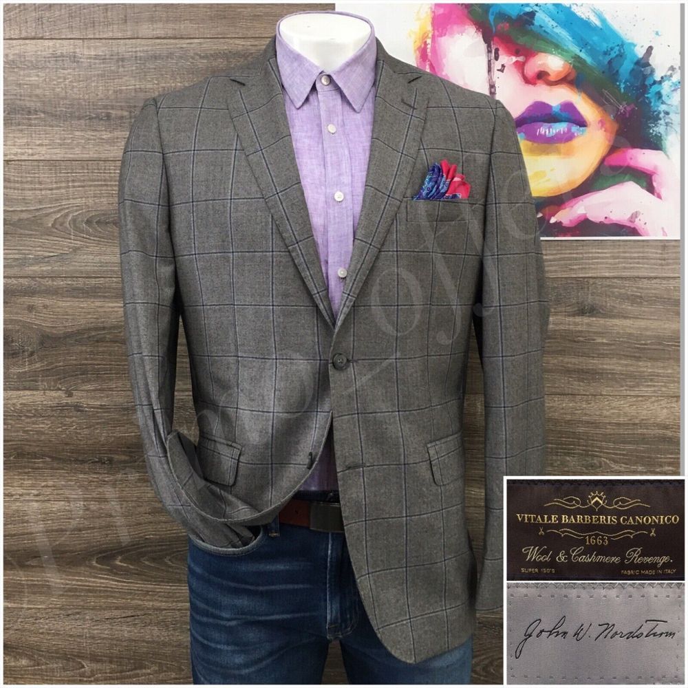 Nordstrom Mens Blazer Sport Coat Two Button Casual‎ Jacket Size 44L Wool Suits